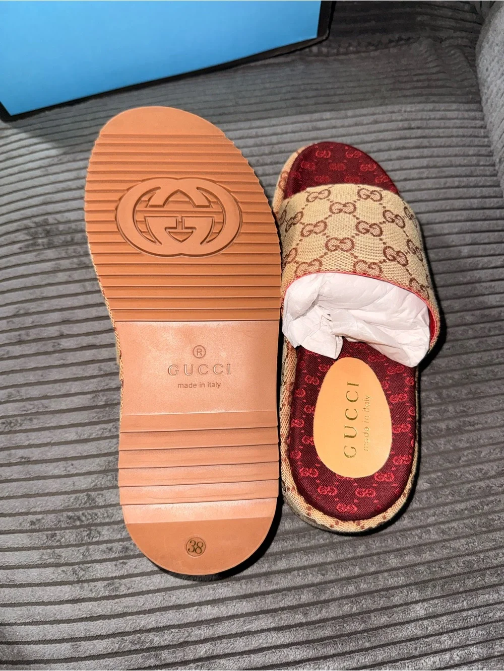 Gucci Beige GG Canvas Platform Slides with Burgundy Footbed